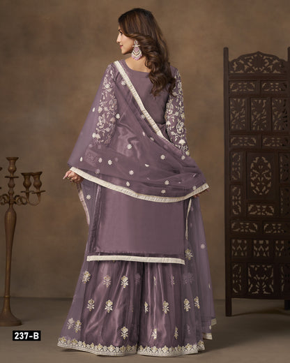 Lavender Net Sharara Suit With Kameez & Dupatta For Indian & Pakistani Wedding Festival - Dori With Thread & Sequence Work