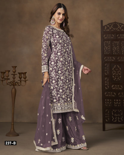 Lavender Net Sharara Suit With Kameez & Dupatta For Indian & Pakistani Wedding Festival - Dori With Thread & Sequence Work