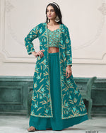 Teal Georgette Plazo Pair With Blouse & Jacket For Indian & Pakistani Wedding Festival - Dori Thread Sequence Work