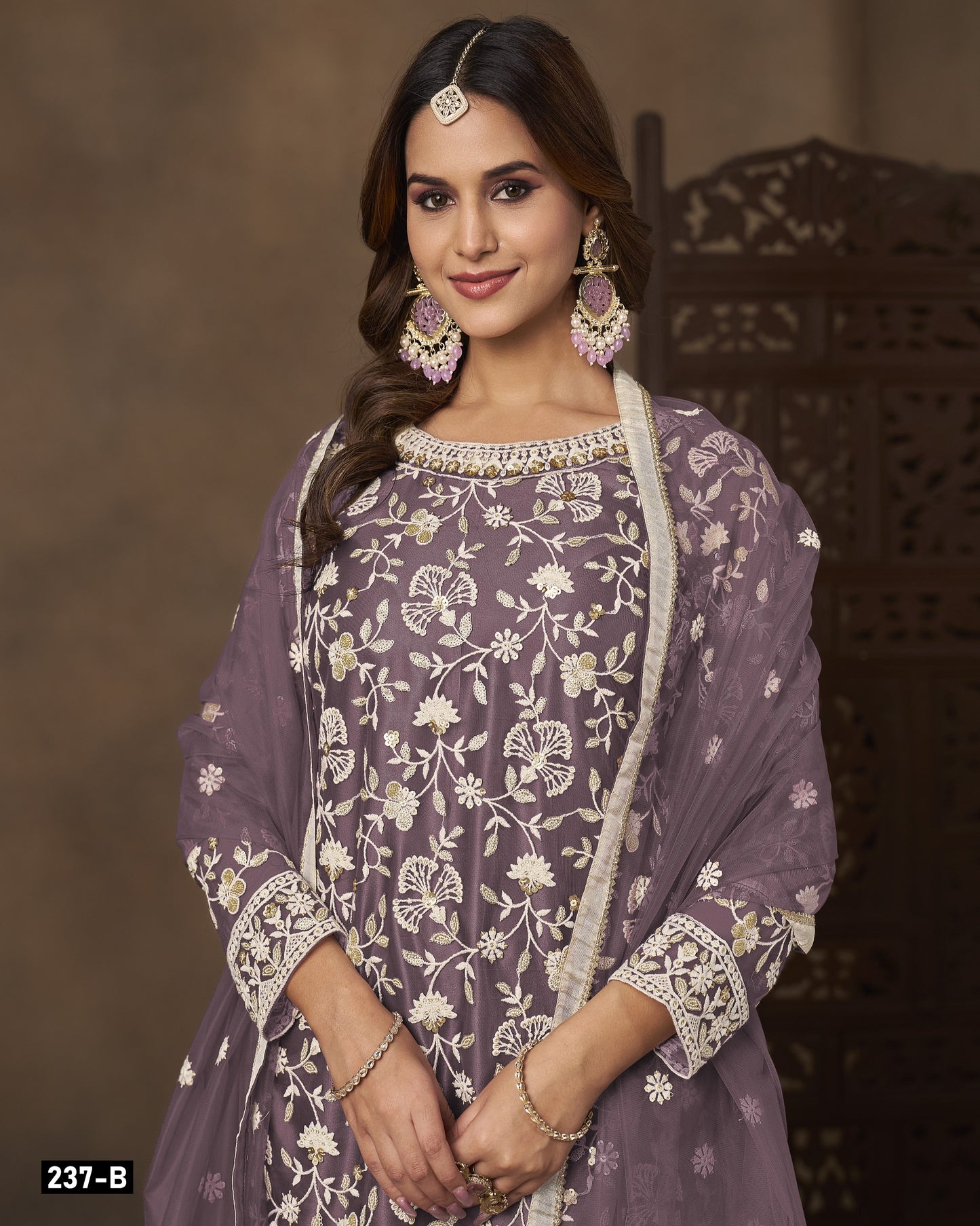 Lavender Net Sharara Suit With Kameez & Dupatta For Indian & Pakistani Wedding Festival - Dori With Thread & Sequence Work