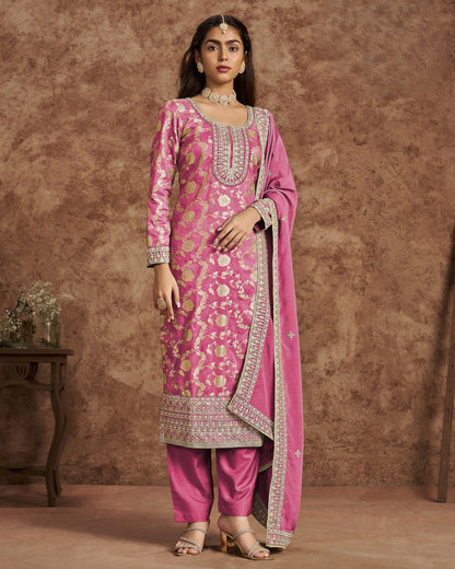 Pink Jacquard Salwar Suit With Kameez & Dupatta For Indian & Pakistani Wedding Festival - Dori Thread Sequence Work