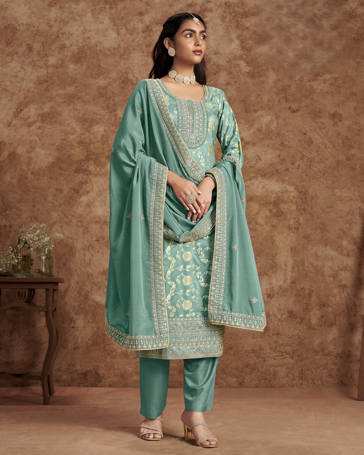 Teal Jacquard Salwar Suit With Kameez & Dupatta For Indian & Pakistani Wedding Festival - Dori Thread Sequence Work