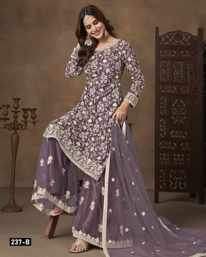 Lavender Net Sharara Suit With Kameez & Dupatta For Indian & Pakistani Wedding Festival - Dori With Thread & Sequence Work