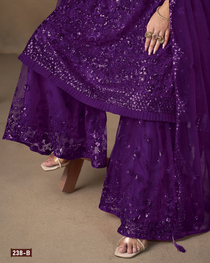 Purple Net Sharara Suit With Kameez & Dupatta For Indian & Pakistani Wedding Festival - Dori With Thread & Sequence Work