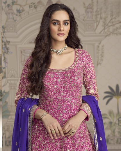 Pink Georgette Anarkali Suit With Dupatta For Indian & Pakistani Wedding Festival - Mirror & Dori With Thread & Sequence Work