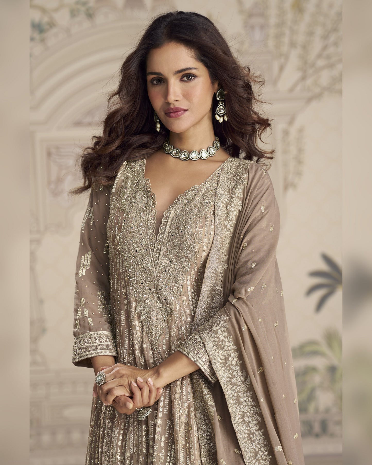 Beige Georgette Anarkali Suit With Dupatta For Indian & Pakistani Wedding Festival - Mirror & Dori With Thread & Sequence Work