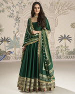 Green Silk Anarkali Suit With Dupatta For Indian & Pakistani Wedding Festival - Dori With Thread & Sequence Work