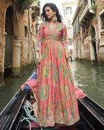 Coral-Pink Chinon Silk Anarkali Suit With Dupatta For Indian & Pakistani Wedding Festival - Digital Print & Dori With Thread & Sequence Work