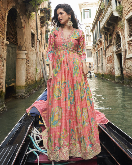 Woman in a colorful dress on a gondola in Venice