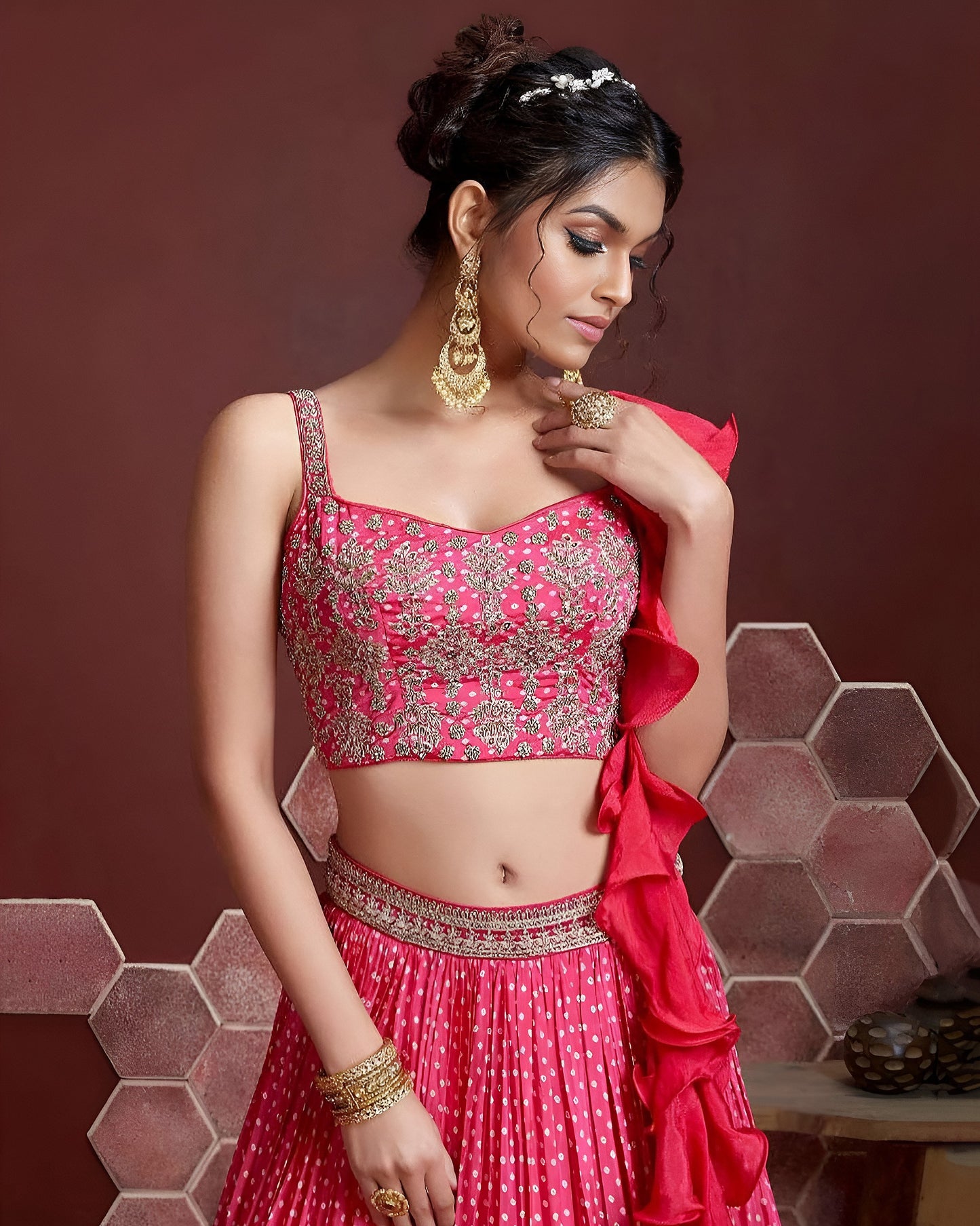 Pink Chinon Silk Lehenga Choli With Blouse & Dupatta For Indian & Pakistani Wedding Festival - Digital Print and Heavy Embroidery with Savroski