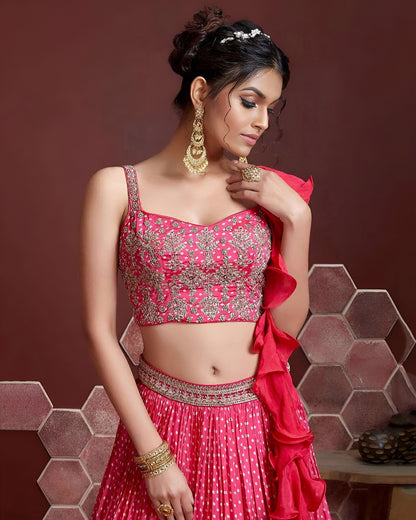 Pink Chinon Silk Lehenga Choli With Blouse & Dupatta For Indian & Pakistani Wedding Festival - Digital Print and Heavy Embroidery with Savroski