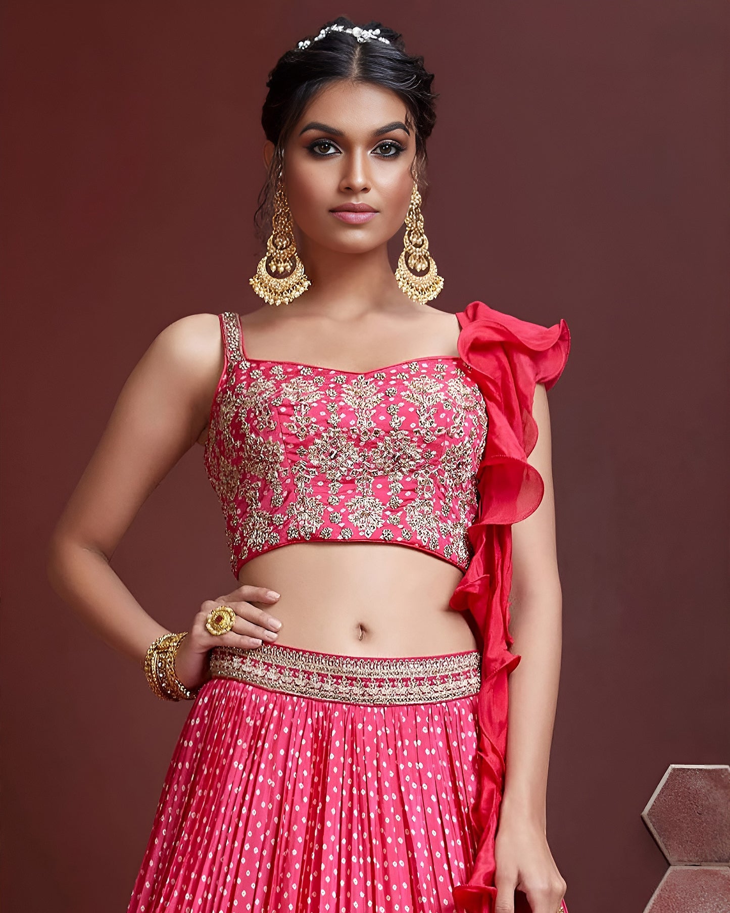 Pink Chinon Silk Lehenga Choli With Blouse & Dupatta For Indian & Pakistani Wedding Festival - Digital Print and Heavy Embroidery with Savroski