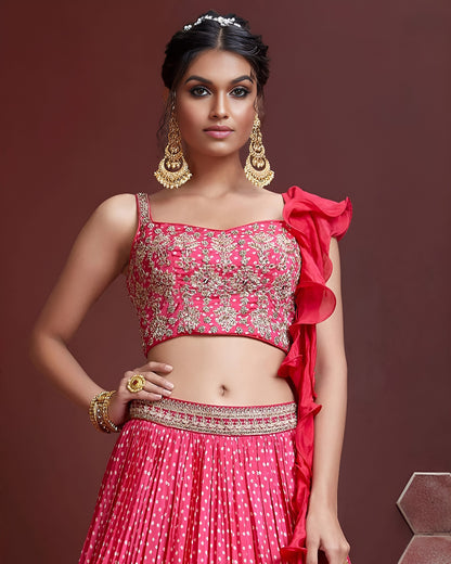 Pink Chinon Silk Lehenga Choli With Blouse & Dupatta For Indian & Pakistani Wedding Festival - Digital Print and Heavy Embroidery with Savroski