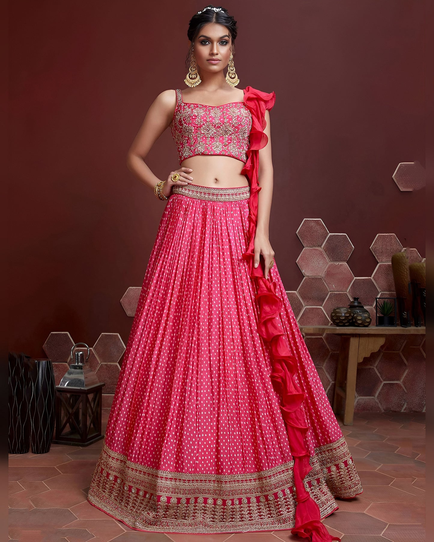 Pink Chinon Silk Lehenga Choli With Blouse & Dupatta For Indian & Pakistani Wedding Festival - Digital Print and Heavy Embroidery with Savroski