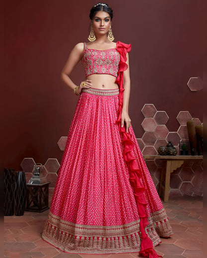 Pink Chinon Silk Lehenga Choli With Blouse & Dupatta For Indian & Pakistani Wedding Festival - Digital Print and Heavy Embroidery with Savroski
