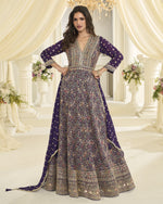 Purple Georgette Anarkali Suit With Dupatta For Indian & Pakistani Wedding Festival - Dori With Thread & Sequence Embroidery Work