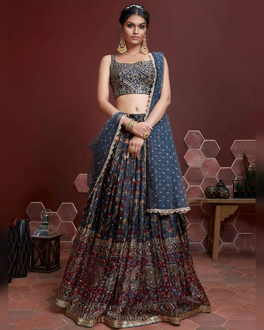 Blue Chinon Silk Lehenga Choli With Blouse & Dupatta For Indian & Pakistani Wedding Festival - Digital Print & Heavy Embroidery with Real Mirror Work