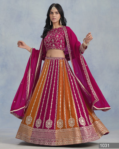 Traditional Indian outfit with a pink and orange lehenga on a gray background
