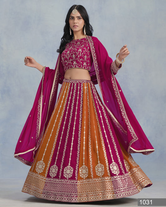 Traditional Indian outfit with a pink and orange lehenga on a gray background