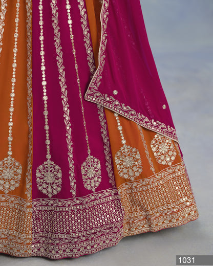 Traditional embroidered fabric with orange and purple colors on a gray background