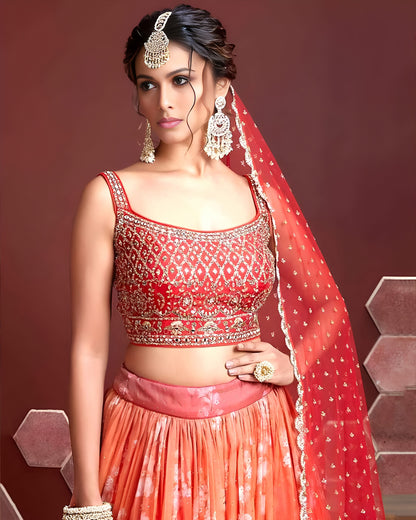 Orange Organza Silk Lehenga Choli With Blouse & Dupatta For Indian & Pakistani Wedding Festival - Digital Print & Embroidery With Savroski & Real Mirror Work