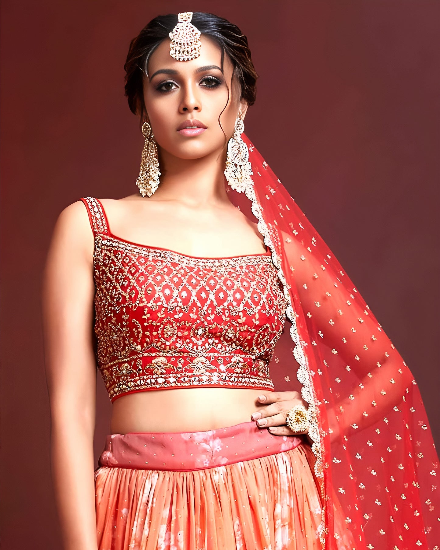 Orange Organza Silk Lehenga Choli With Blouse & Dupatta For Indian & Pakistani Wedding Festival - Digital Print & Embroidery With Savroski & Real Mirror Work