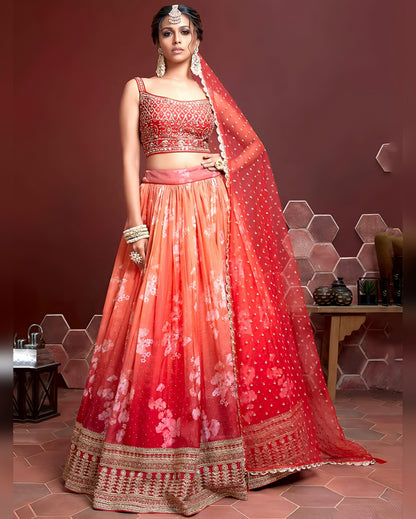 Orange Organza Silk Lehenga Choli With Blouse & Dupatta For Indian & Pakistani Wedding Festival - Digital Print & Embroidery With Savroski & Real Mirror Work