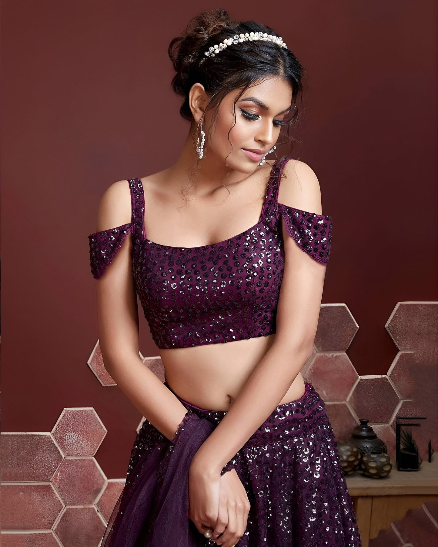 Purple Net Lehenga Choli With Blouse & Dupatta For Indian & Pakistani Wedding Festival - Heavy Embroidery Sequins Work