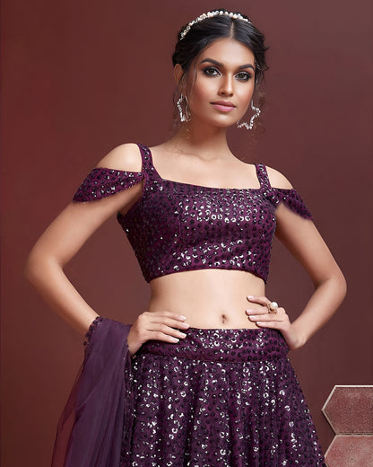 Purple Net Lehenga Choli With Blouse & Dupatta For Indian & Pakistani Wedding Festival - Heavy Embroidery Sequins Work