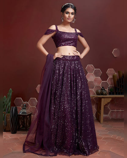 Purple Net Lehenga Choli With Blouse & Dupatta For Indian & Pakistani Wedding Festival - Heavy Embroidery Sequins Work