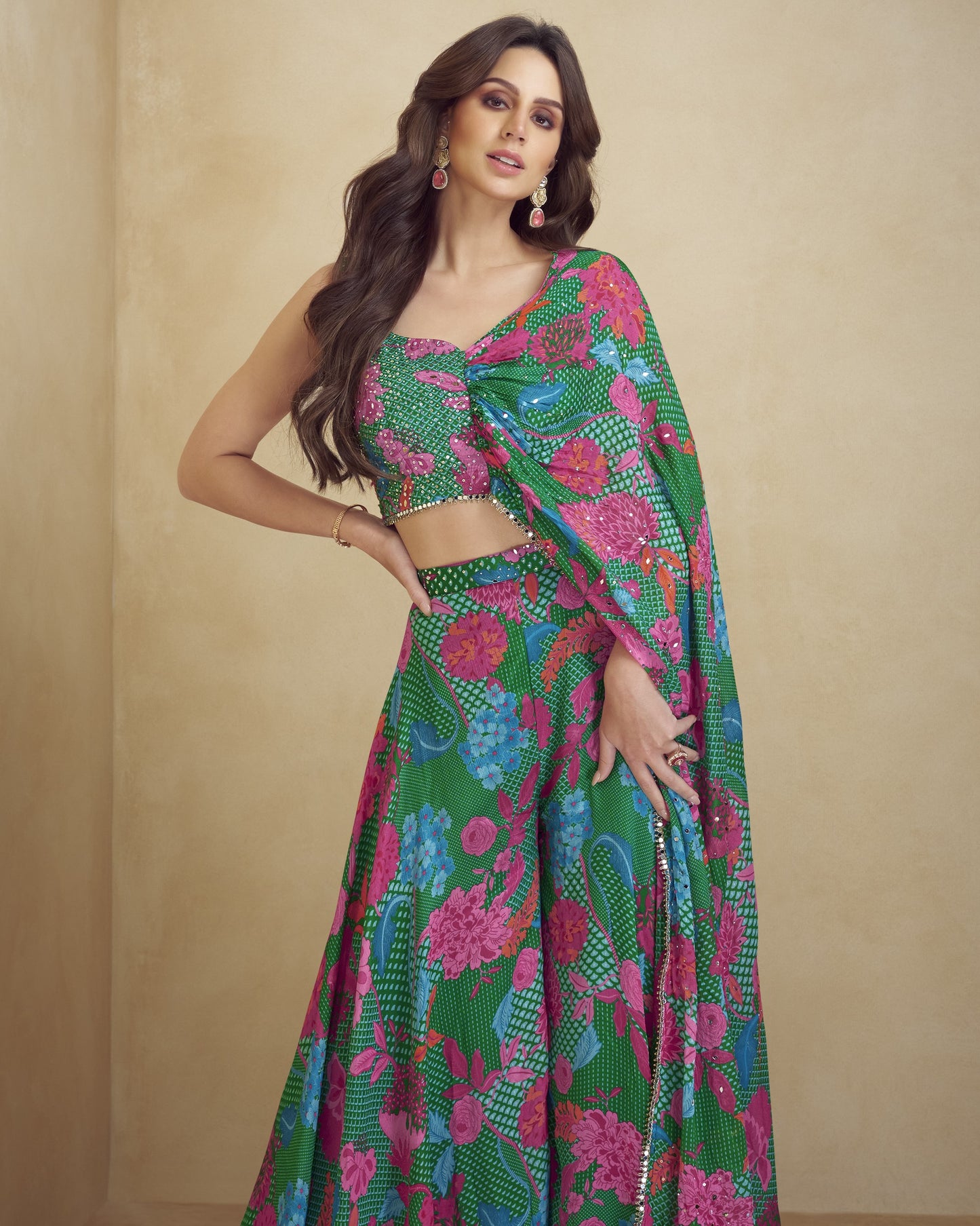 Green Chinon Silk Plazo With Top For Indian & Pakistani Wedding Festival - Digital Print - Mirror Thread Sequence Work