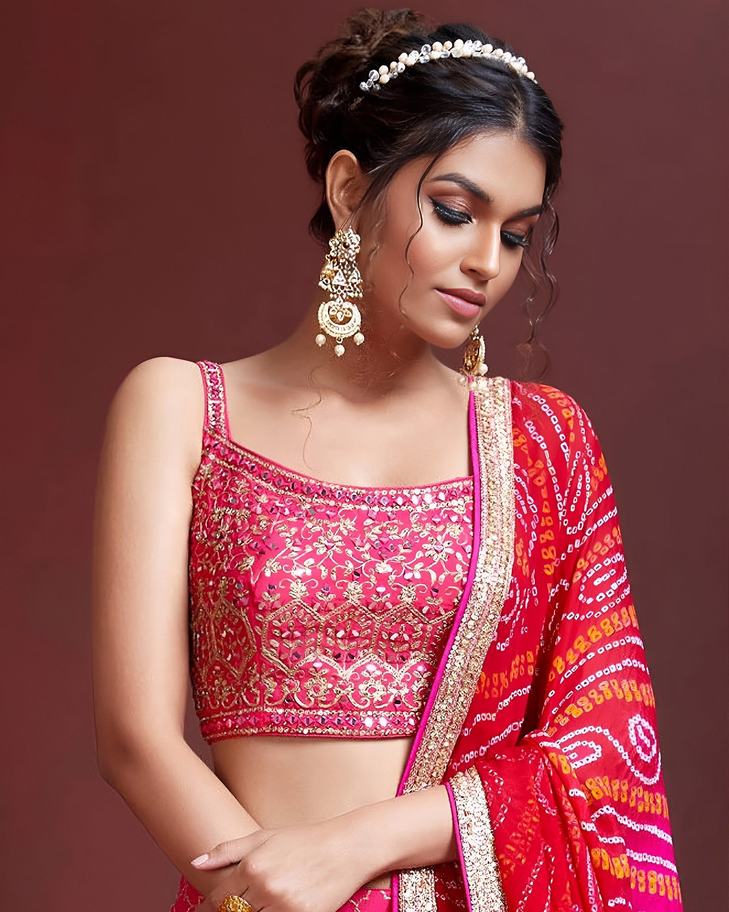 Pink Chinon Silk Lehenga Choli With Blouse & Dupatta For Indian & Pakistani Wedding Festival - Digital Print & Embroidery Sequins With Real Mirror Work