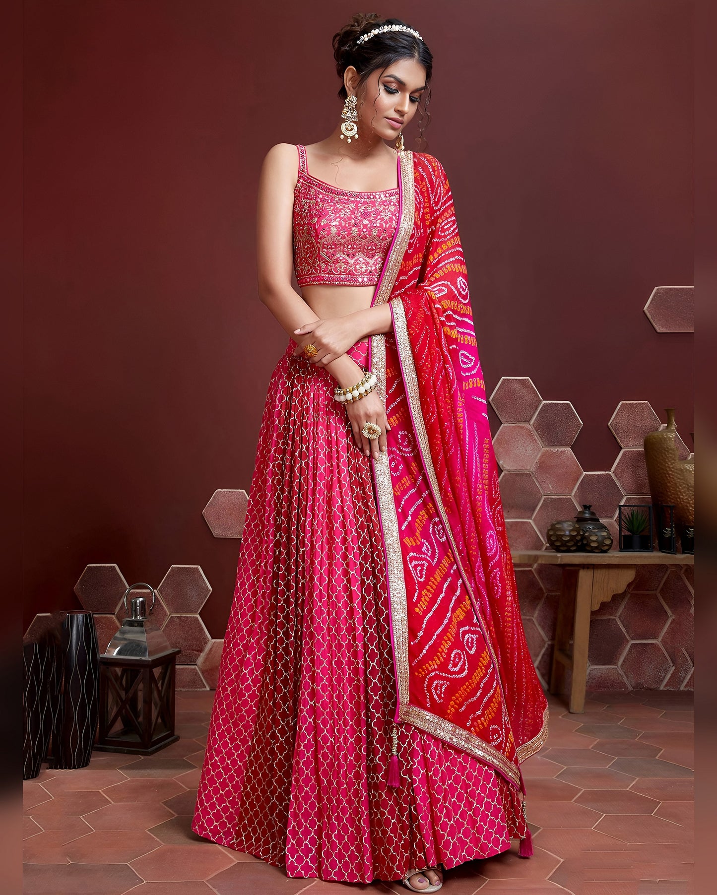 Pink Chinon Silk Lehenga Choli With Blouse & Dupatta For Indian & Pakistani Wedding Festival - Digital Print & Embroidery Sequins With Real Mirror Work