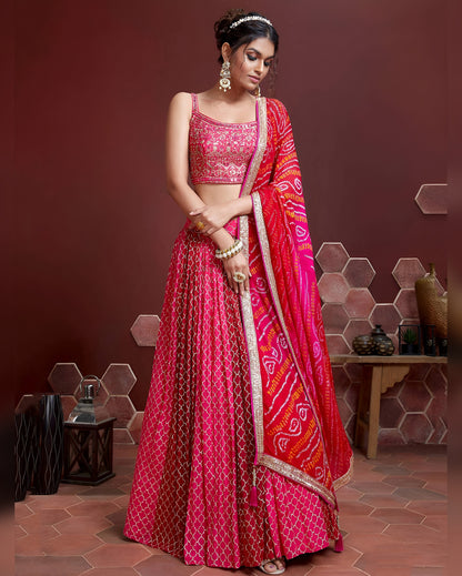 Pink Chinon Silk Lehenga Choli With Blouse & Dupatta For Indian & Pakistani Wedding Festival - Digital Print & Embroidery Sequins With Real Mirror Work
