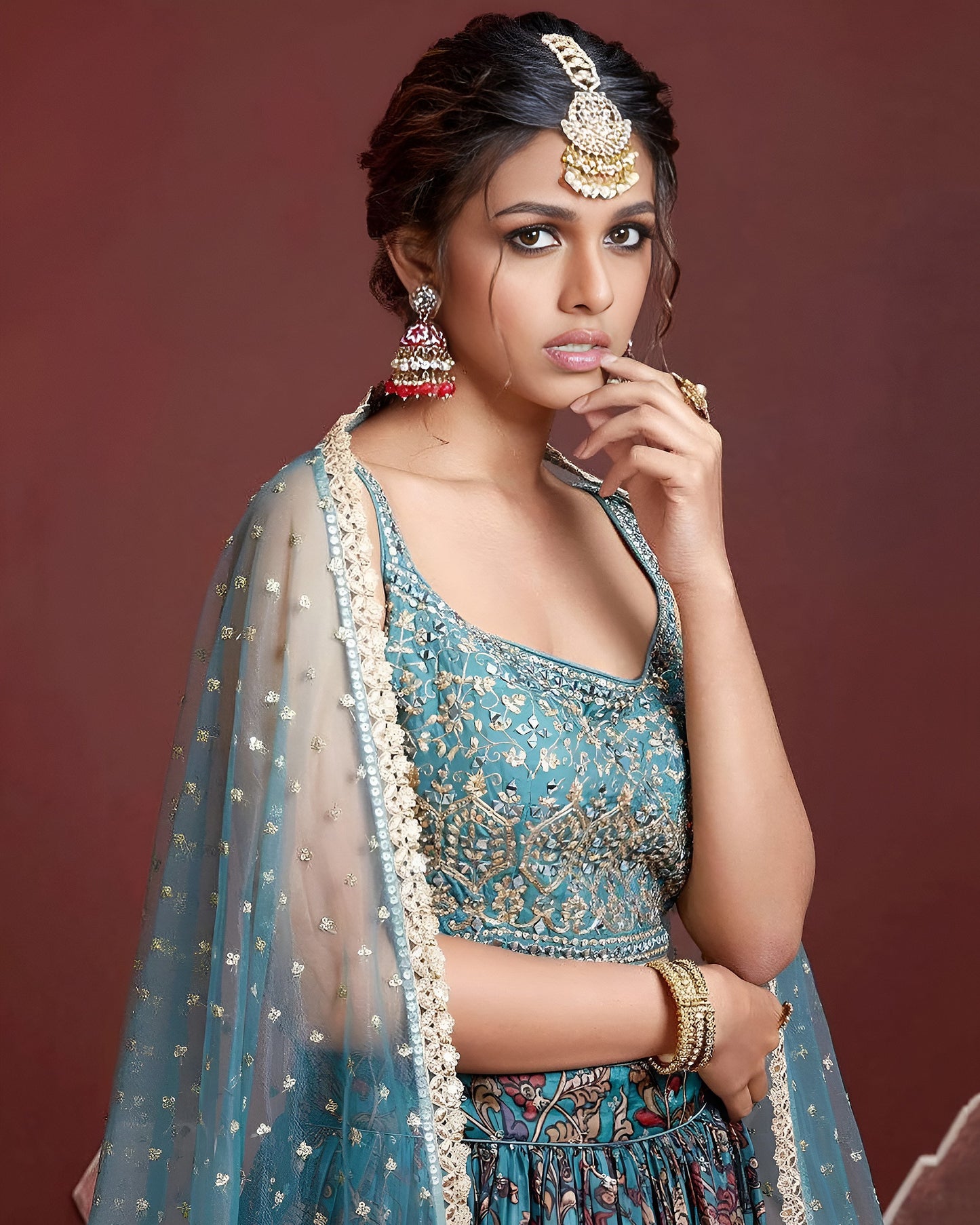 Sky Blue Chinon Silk Lehenga Choli With Blouse & Dupatta For Indian & Pakistani Wedding Festival - Digital Print & Embroidery With Real Mirror Work