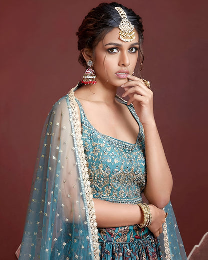Sky Blue Chinon Silk Lehenga Choli With Blouse & Dupatta For Indian & Pakistani Wedding Festival - Digital Print & Embroidery With Real Mirror Work