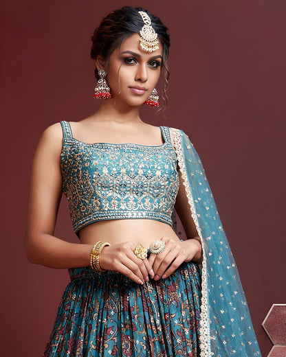 Sky Blue Chinon Silk Lehenga Choli With Blouse & Dupatta For Indian & Pakistani Wedding Festival - Digital Print & Embroidery With Real Mirror Work