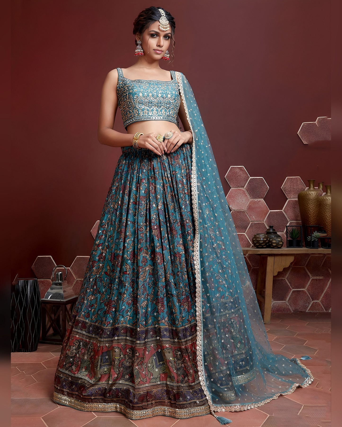 Sky Blue Chinon Silk Lehenga Choli With Blouse & Dupatta For Indian & Pakistani Wedding Festival - Digital Print & Embroidery With Real Mirror Work