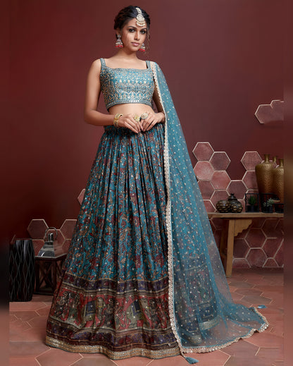 Sky Blue Chinon Silk Lehenga Choli With Blouse & Dupatta For Indian & Pakistani Wedding Festival - Digital Print & Embroidery With Real Mirror Work