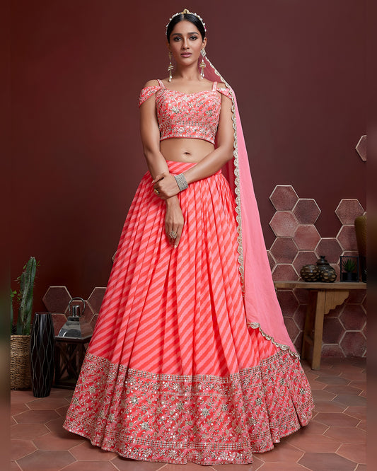 Peach Organza Silk Lehenga Choli With Blouse & Dupatta For Indian & Pakistani Wedding Festival - Heavy Embroidery Zari & Sequins Work
