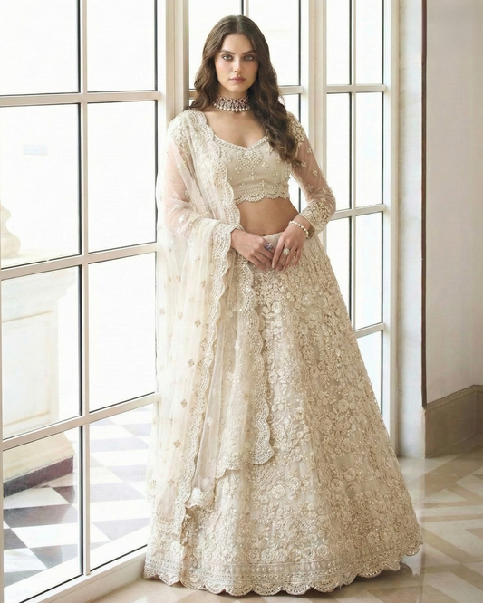 Woman in a beige embroidered lehenga standing in a room with large windows.