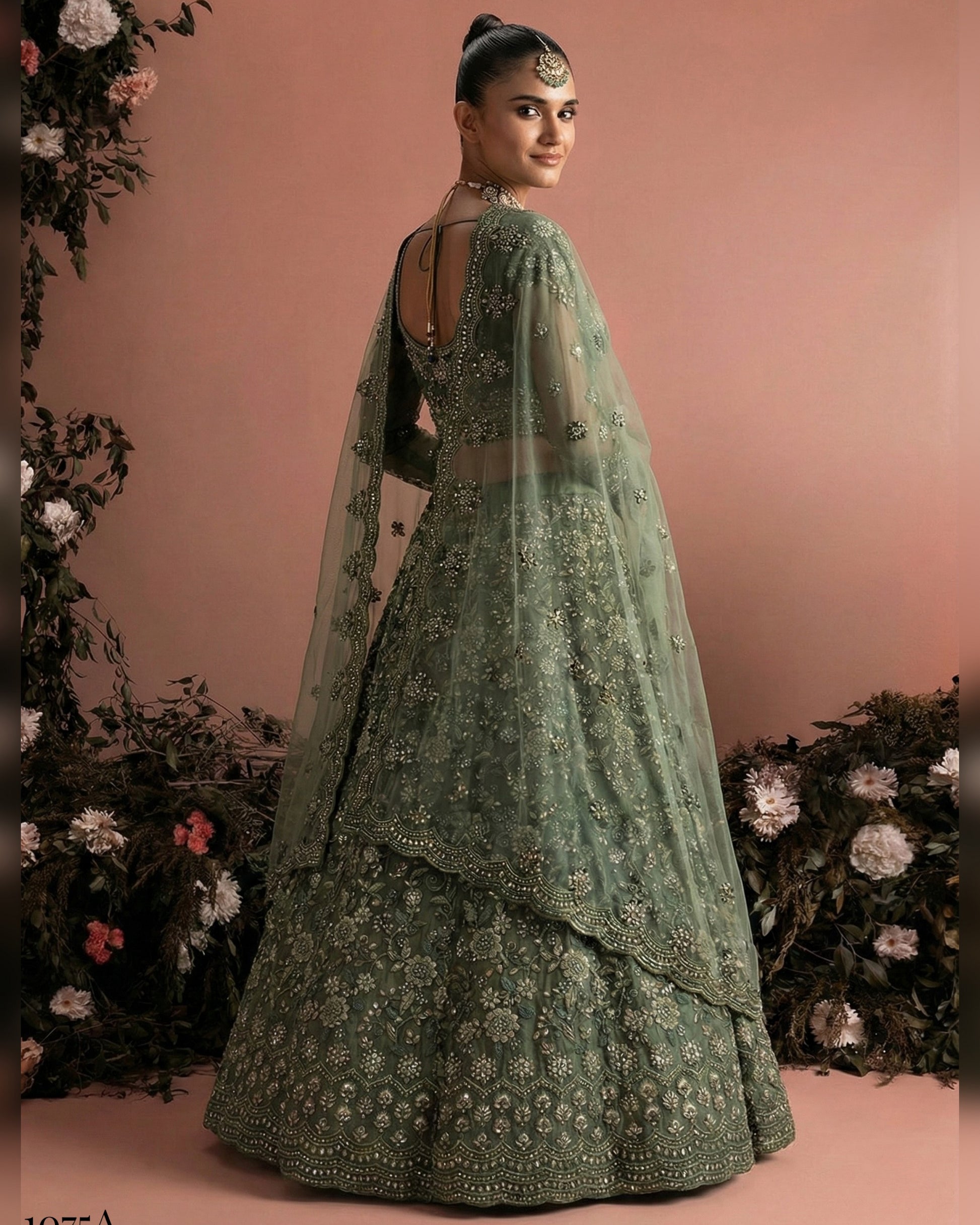 Woman in a green embroidered traditional outfit with a floral background