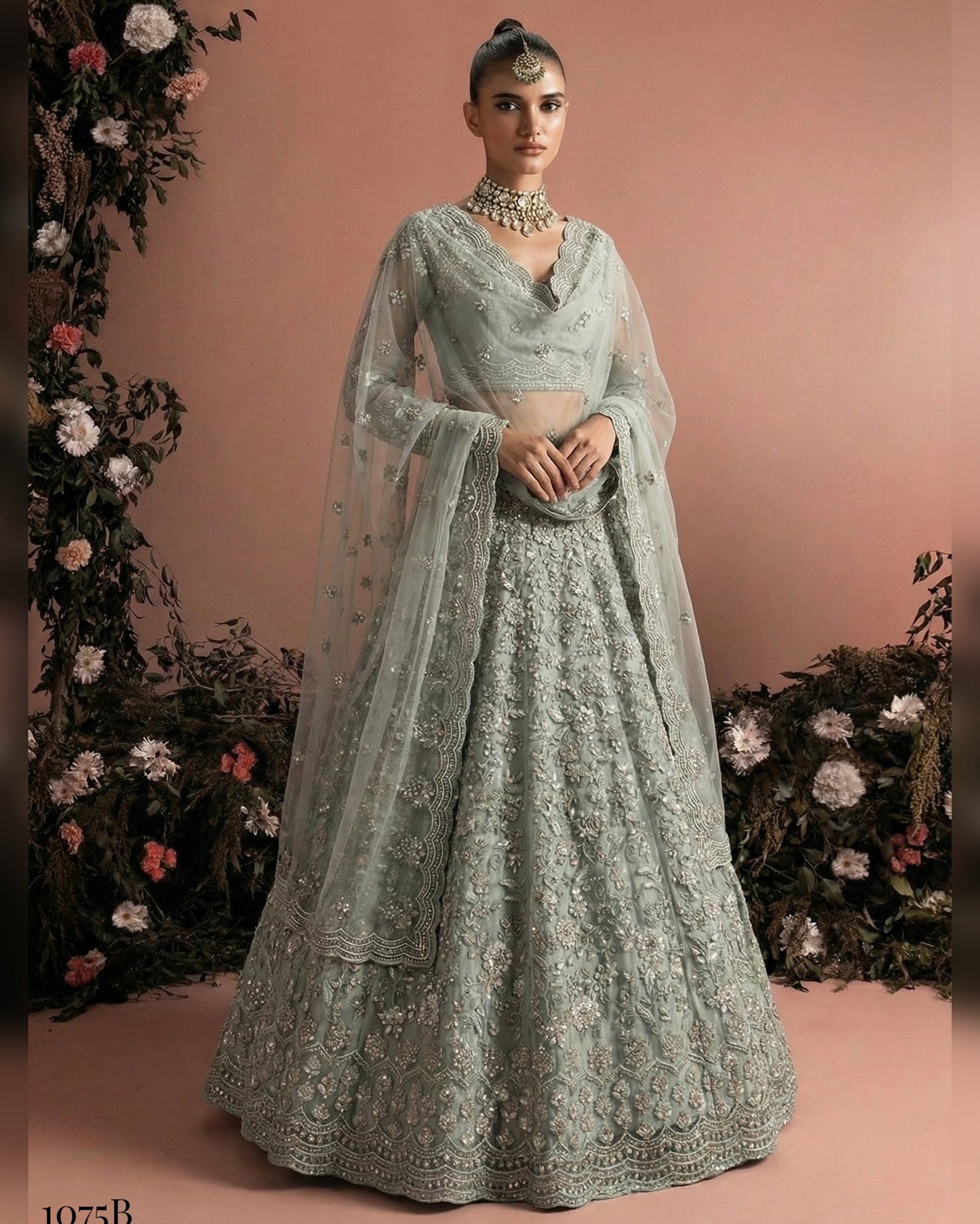 Woman in a traditional embroidered outfit with a floral background