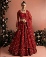 Deep Red Net Lehenga Choli With Blouse & Dupatta For Indian & Pakistani Wedding Festival - Dori & Thread Embroidered Work