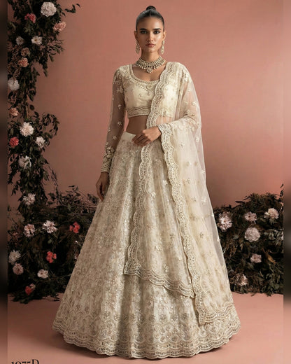 Woman in an embroidered traditional outfit with a floral background