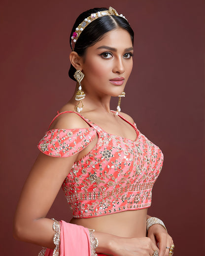 Peach Organza Silk Lehenga Choli With Blouse & Dupatta For Indian & Pakistani Wedding Festival - Heavy Embroidery Zari & Sequins Work