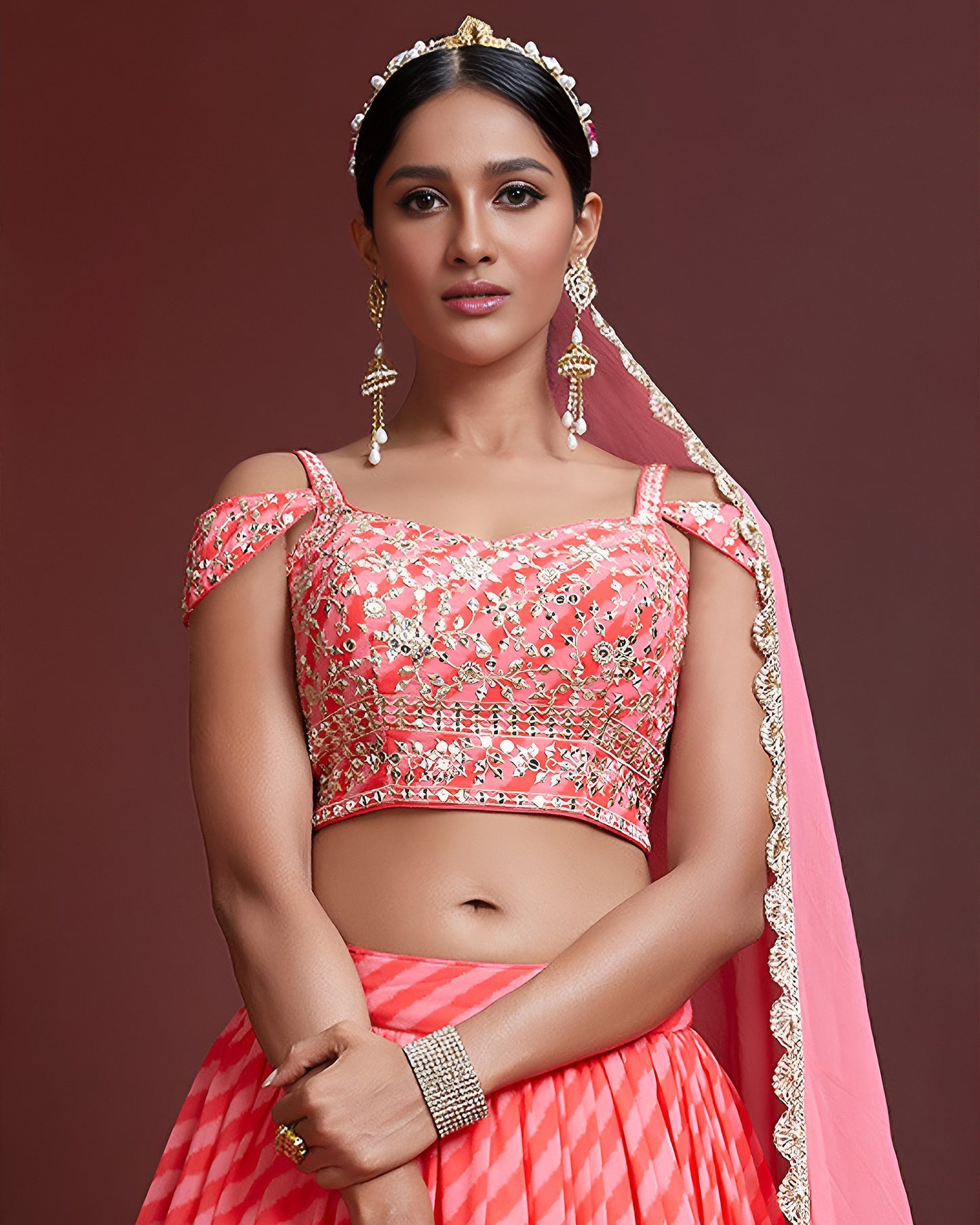 Peach Organza Silk Lehenga Choli With Blouse & Dupatta For Indian & Pakistani Wedding Festival - Heavy Embroidery Zari & Sequins Work