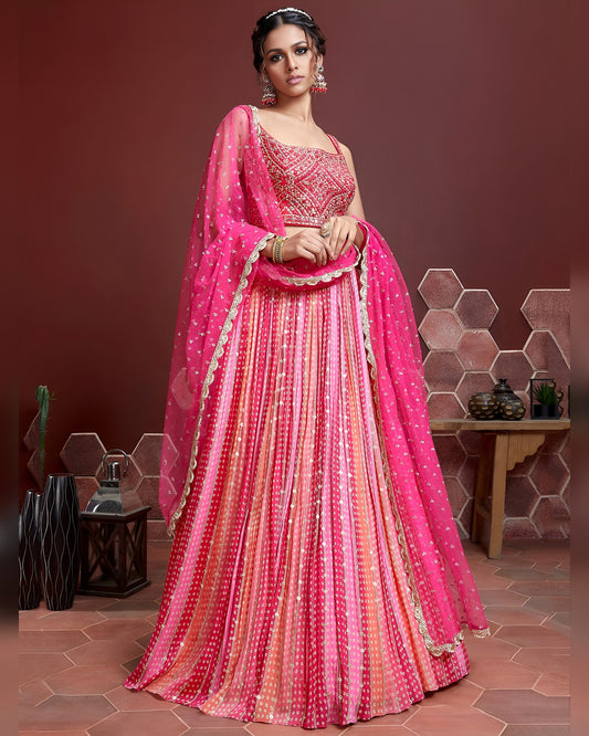 Pink Chinon Silk Lehenga Choli With Blouse & Dupatta For Indian & Pakistani Wedding Festival - Digital Position Print and Heavy Embroidery with Real Mirror Work