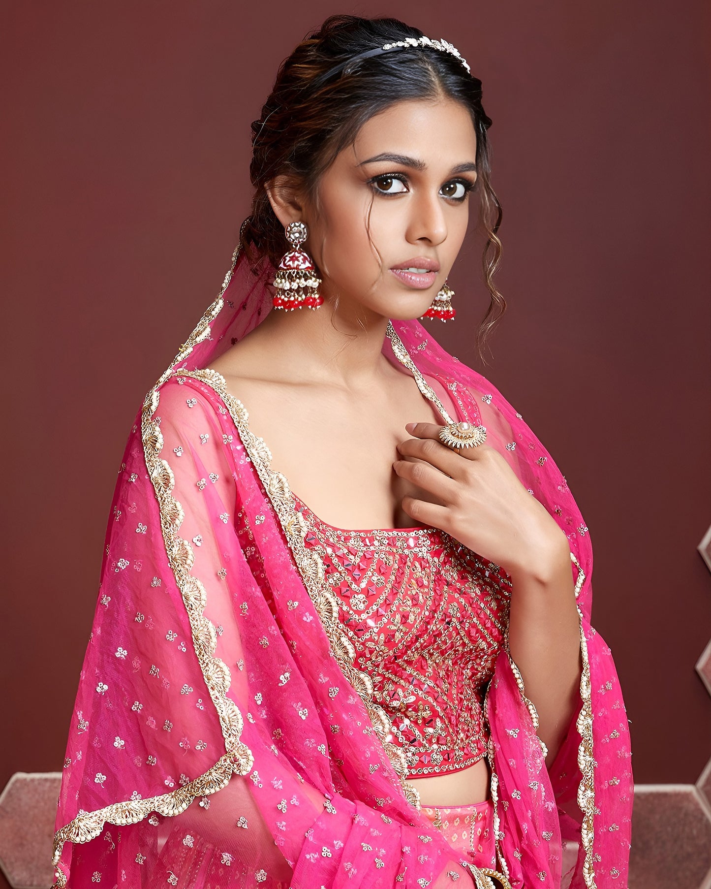 Pink Chinon Silk Lehenga Choli With Blouse & Dupatta For Indian & Pakistani Wedding Festival - Digital Position Print and Heavy Embroidery with Real Mirror Work