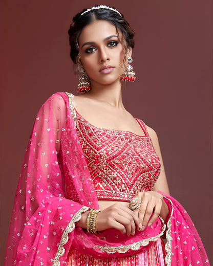 Pink Chinon Silk Lehenga Choli With Blouse & Dupatta For Indian & Pakistani Wedding Festival - Digital Position Print and Heavy Embroidery with Real Mirror Work